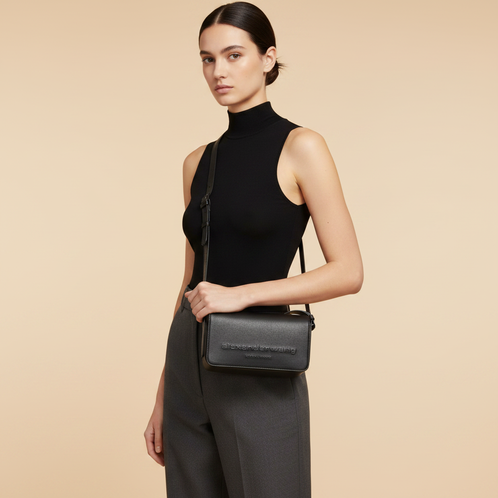 Black Calf Leather Bos Taurus Shoulder Bag — held by model in studio