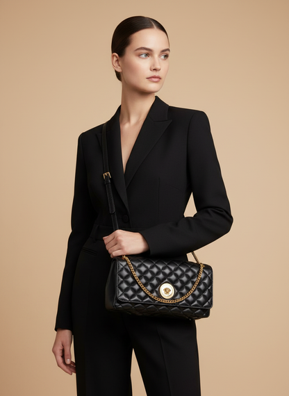 Versace Greca Goddess Quilted Black Lambskin Shoulder Bag — held by model in studio