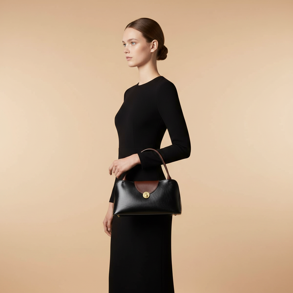 Versace Vivian Medium Black Calf Leather Shoulder Bag — held by model in studio