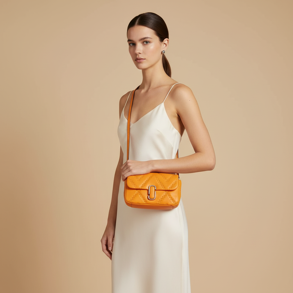 Marc Jacobs The J Marc Mini Scorched Quilted Leather Convertible Shoulder Bag — held by model in studio