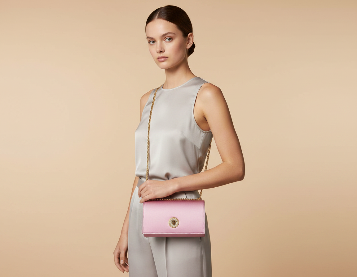 Versace Medusa Crystal Satin Mini Chain Crossbody Bag Purse — held by model in studio