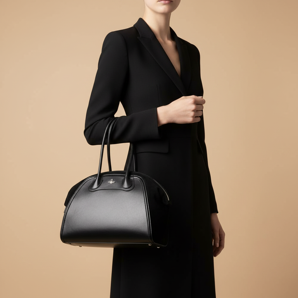 Vivienne Westwood Shirley Black Calf Leather Shoulder Bag — held by model in studio