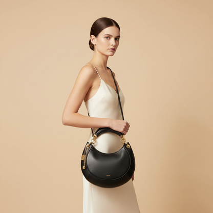 Black Calf Leather Bos Taurus Shoulder Bag — held by model in studio