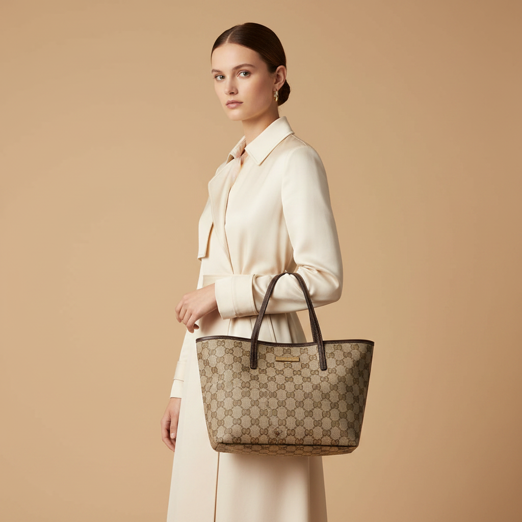 Gucci Tribeca Beige GG Fabric Tote Bag — held by model in studio