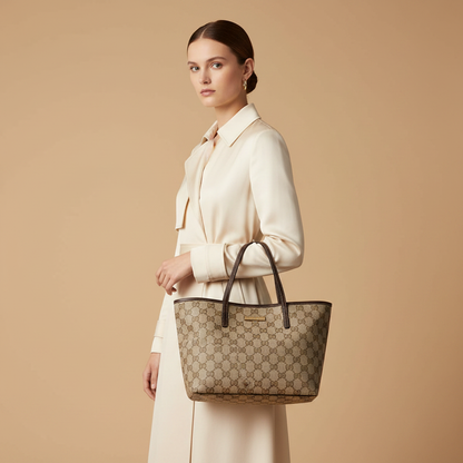 Gucci Tribeca Beige GG Fabric Tote Bag — held by model in studio