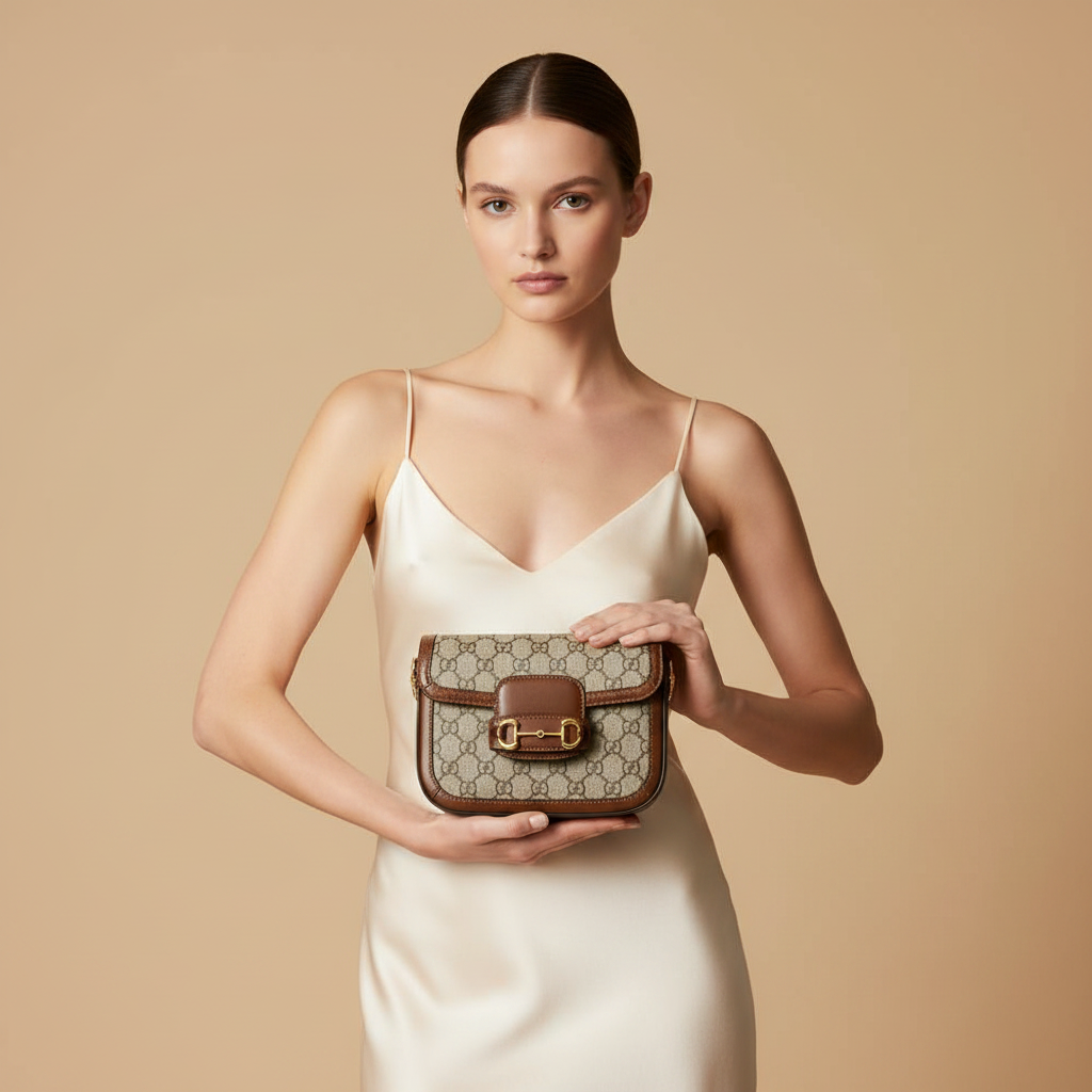 Brown Polyethylene Handbag — held by model in studio