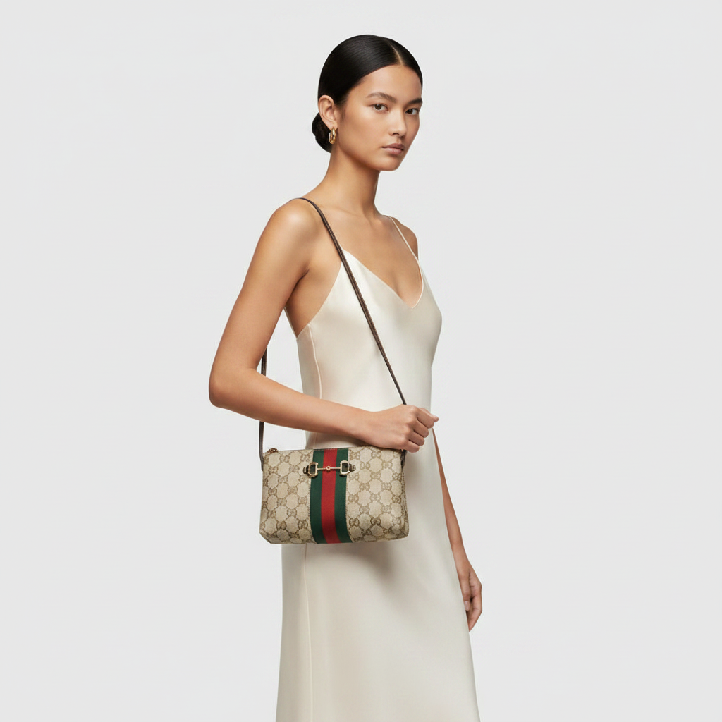 Gucci Horsebit 1955 GG Supreme Shoulder Bag — held by model in studio