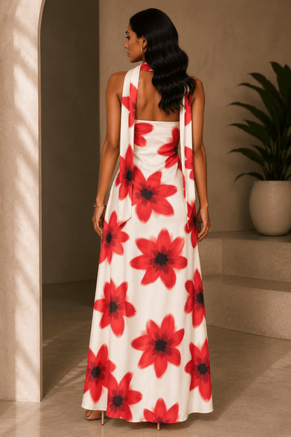Sunset Bloom Neck Scarf Maxi Dress