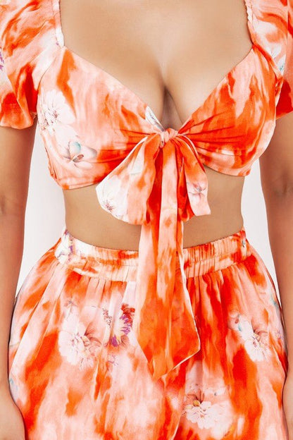 Sunset Bloom Tie-Front Crop Top Pant Set