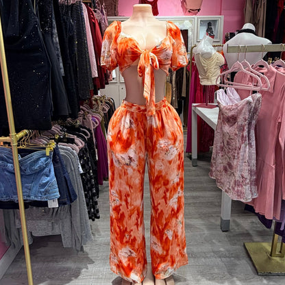 Sunset Bloom Tie-Front Crop Top Pant Set