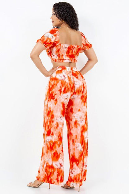 Sunset Bloom Tie-Front Crop Top Pant Set