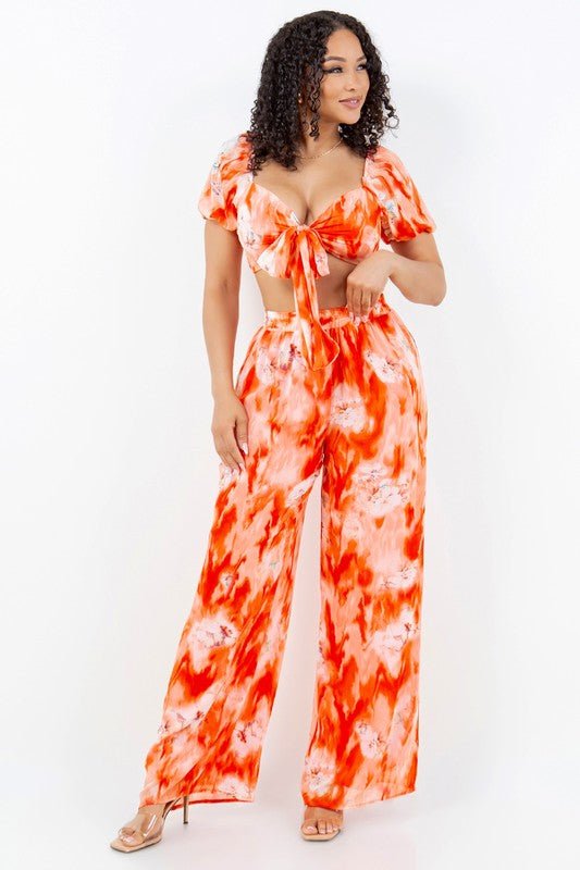 Sunset Bloom Tie-Front Crop Top Pant Set