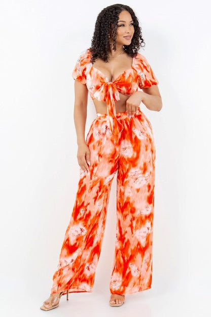Sunset Bloom Tie-Front Crop Top Pant Set
