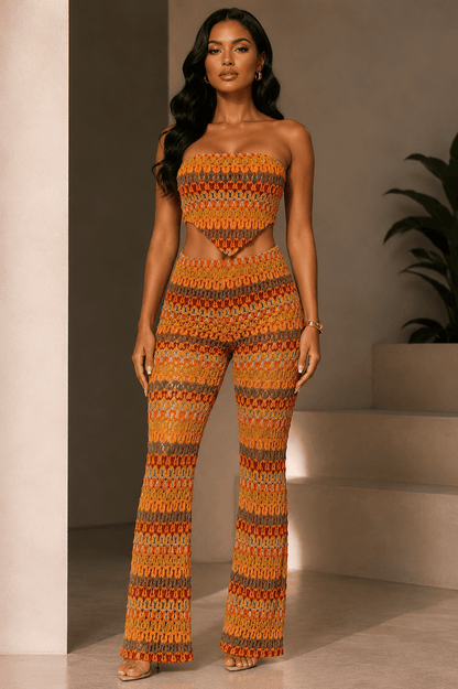 Sunset Crochet Bandeau & Flare Pants Set – Vacation Two Piece Outfit
