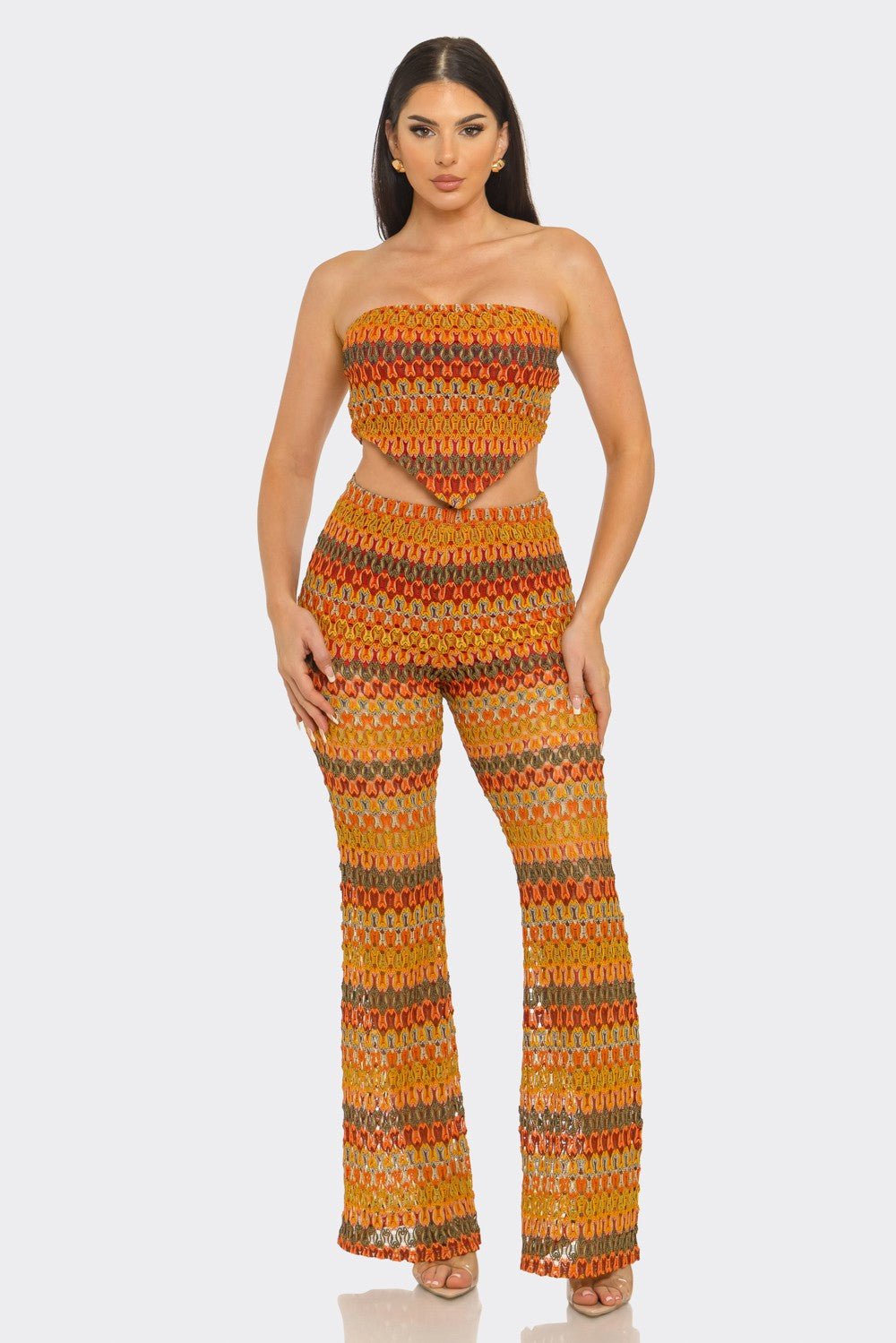 Sunset Crochet Bandeau & Flare Pants Set – Vacation Two Piece Outfit
