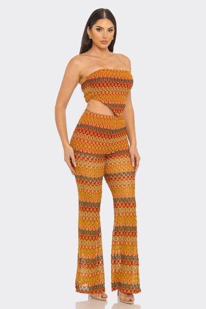 Sunset Crochet Bandeau & Flare Pants Set – Vacation Two Piece Outfit