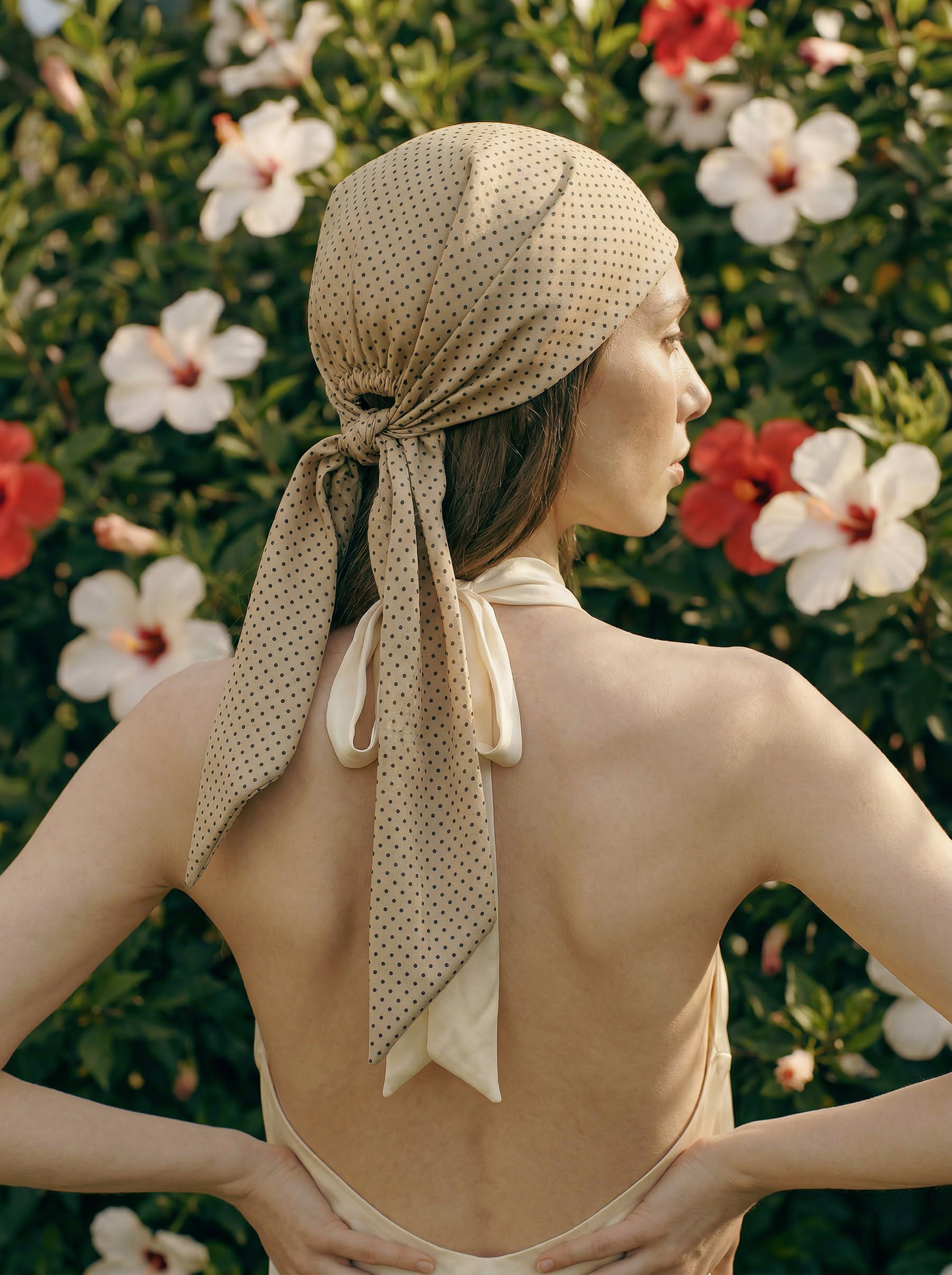 Tan Polka Printed Silk headscarf with ties