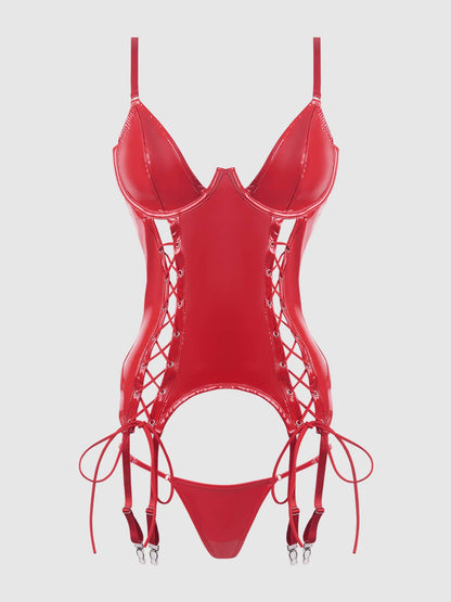 TRIXIE PATENT LEATHER  LACE UP BUSTIER & G-STRING SET