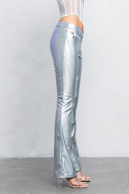 V-Cut Pleather Boot-Cut Pants | Low Rise Trendy Zipper Detail Pants