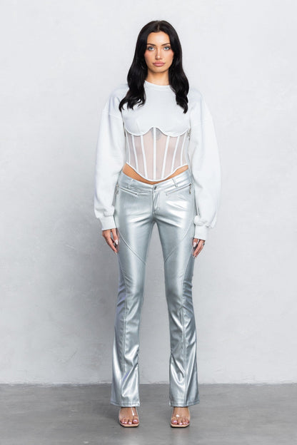 V-Cut Pleather Boot-Cut Pants | Low Rise Trendy Zipper Detail Pants