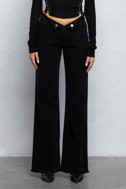 V-Line Folded Detail Destroyed Twill Pants | Raw Hem Street Style