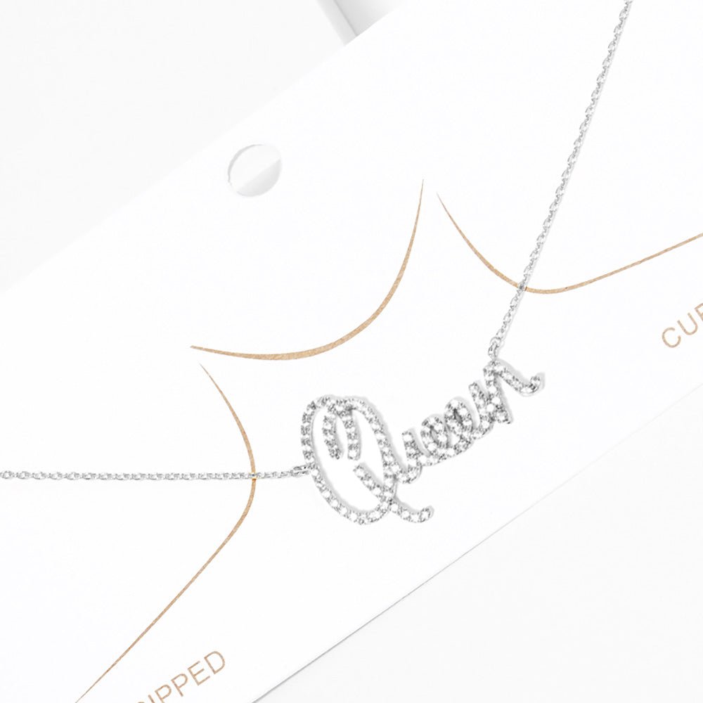 White Gold Dipped CZ Queen Message Pendant Necklace