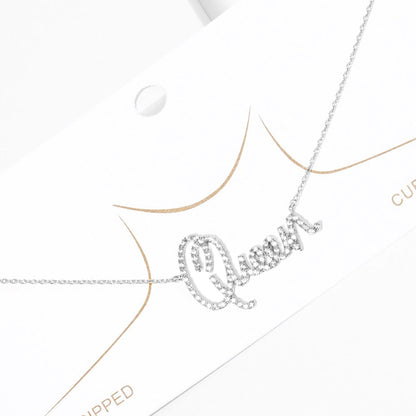 White Gold Dipped CZ Queen Message Pendant Necklace