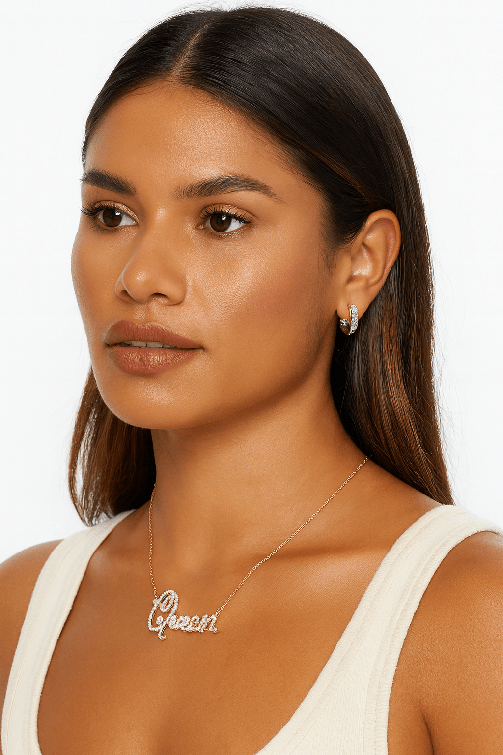 White Gold Dipped CZ Queen Message Pendant Necklace