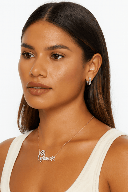 White Gold Dipped CZ Queen Message Pendant Necklace