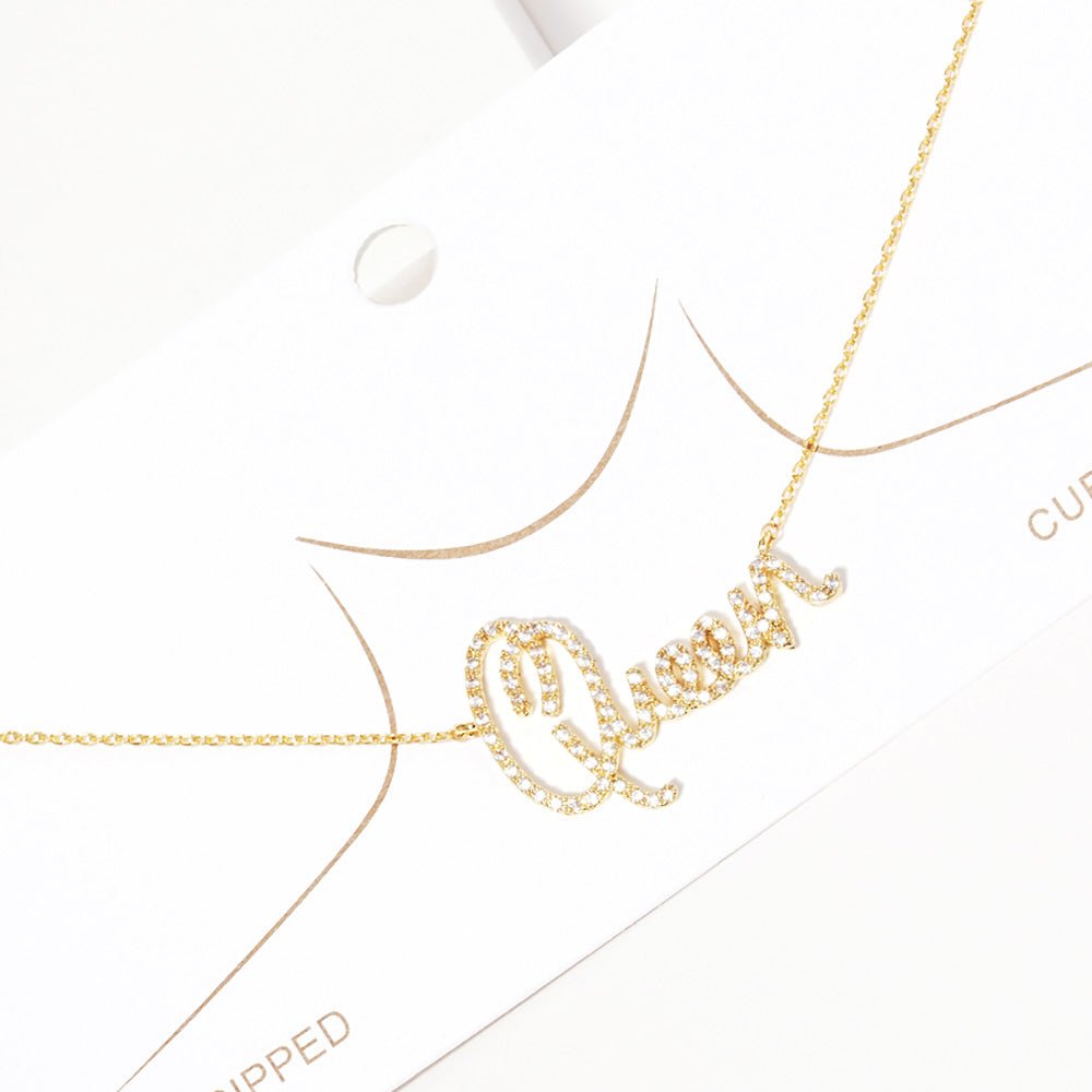 White Gold Dipped CZ Queen Message Pendant Necklace