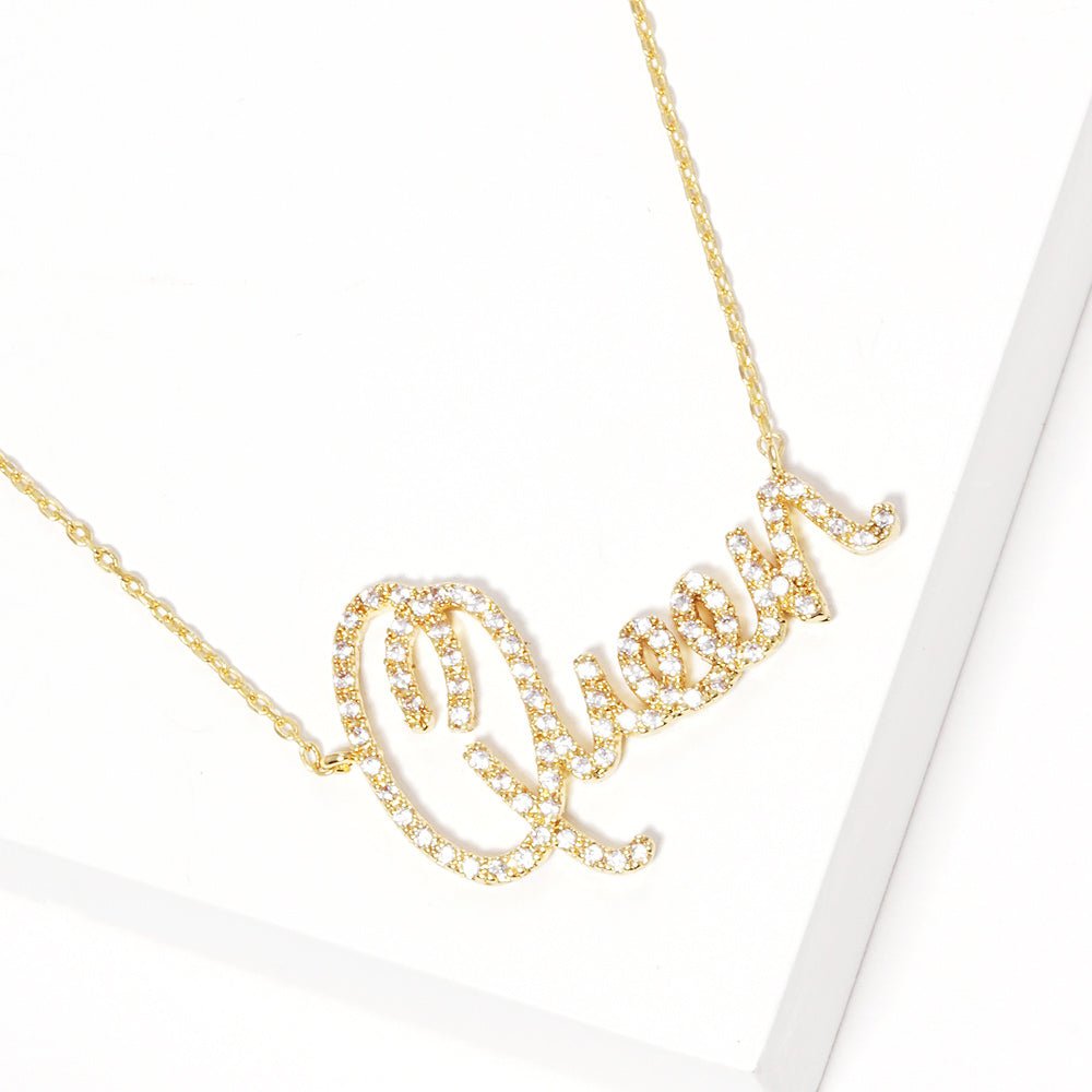 White Gold Dipped CZ Queen Message Pendant Necklace