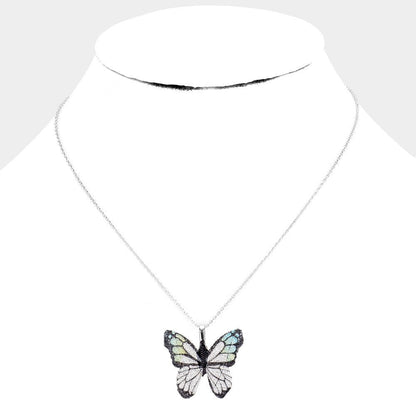White Gold Dipped Textured Butterfly Pendant Necklace