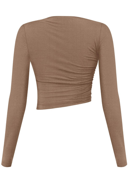 Women’s Long Sleeve Asymmetrical Ruched Crop Top – Bodycon Mini, Made in USA