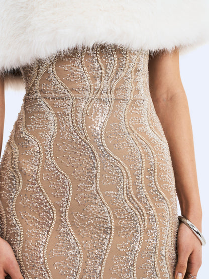 Averie White Fur Off-Shoulder Beige Sequin Mini Dress