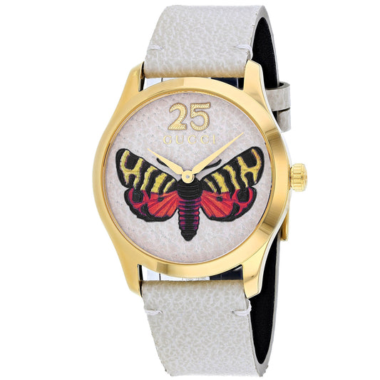 Stainless Steel Beige Dial Leather Strap Watch